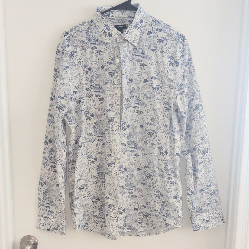 Express White and Blue Floral Men's Shirt